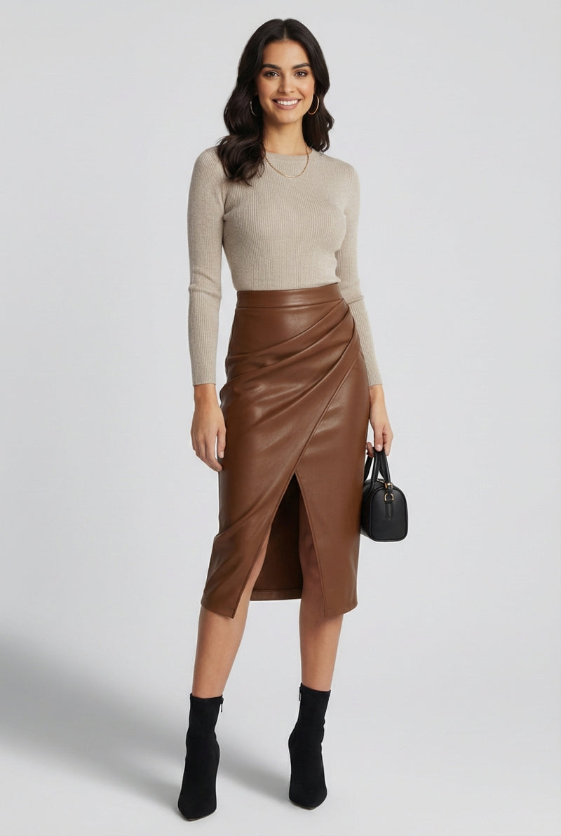 Wrap Midi Skirt with Split-Midi Skirts-Laventaire-Brown-S-Laventaire