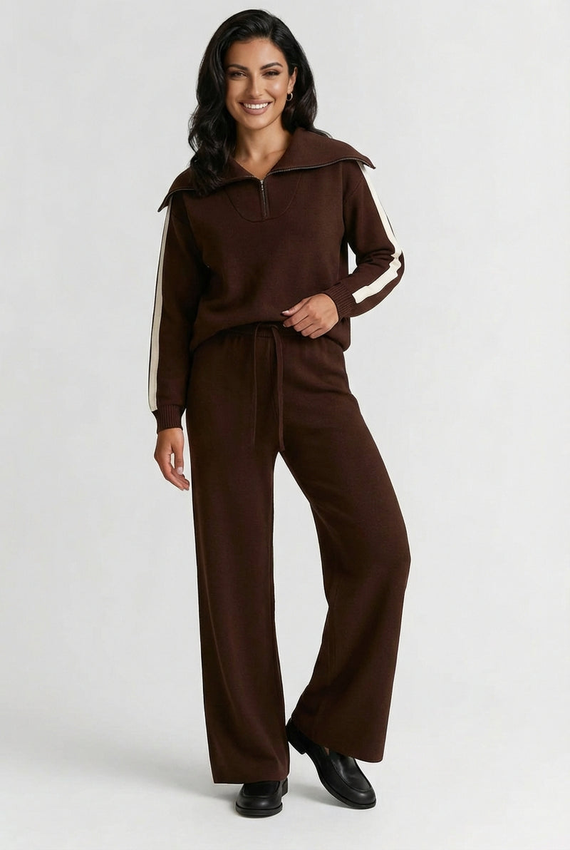 Zip Collar Lounge Set-loungewear > loungewear set-Laventaire-Dark Brown-S-Laventaire