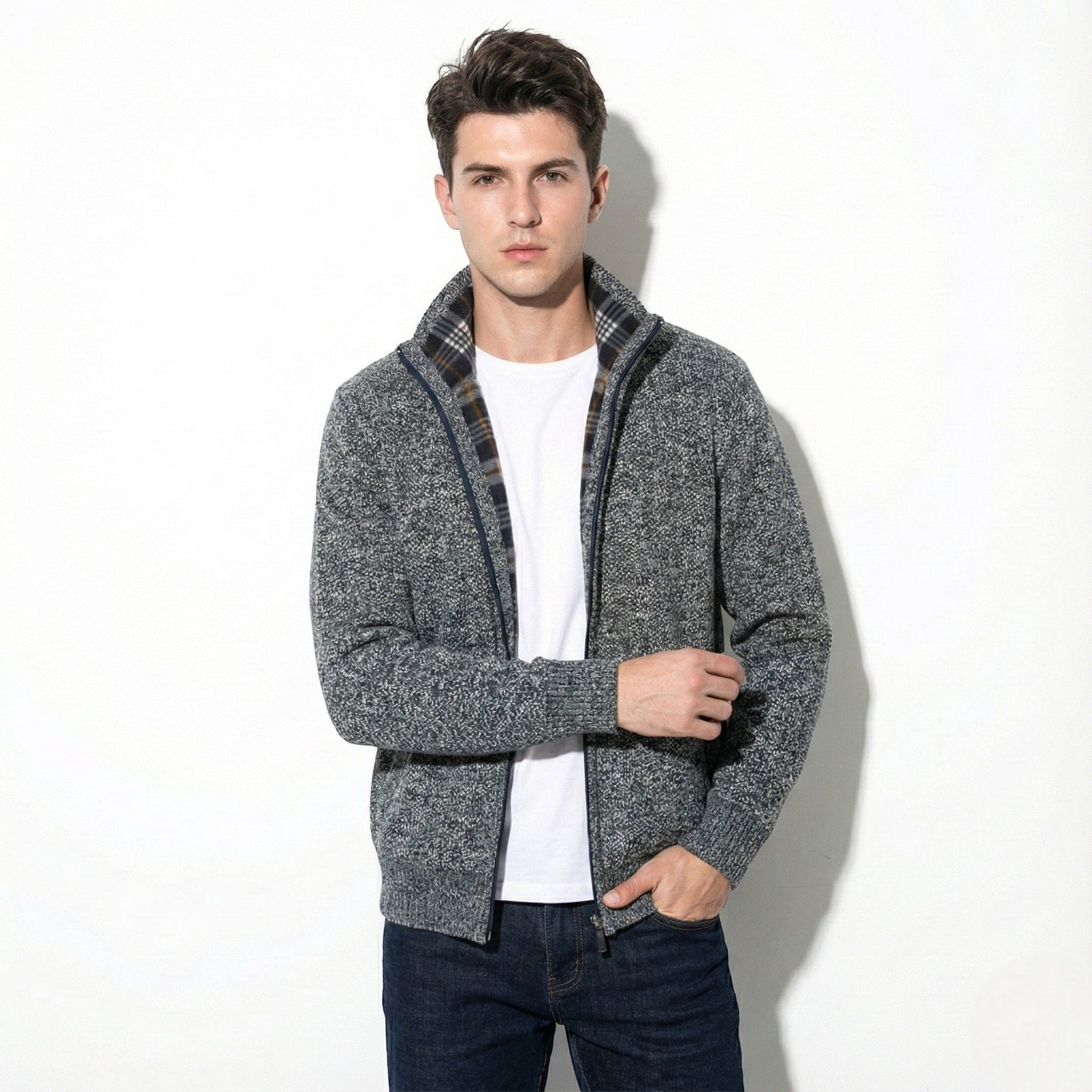 Zip Front Cardigan-cardigans > zip front cardigan-Laventaire-Dark Gray-M-Laventaire