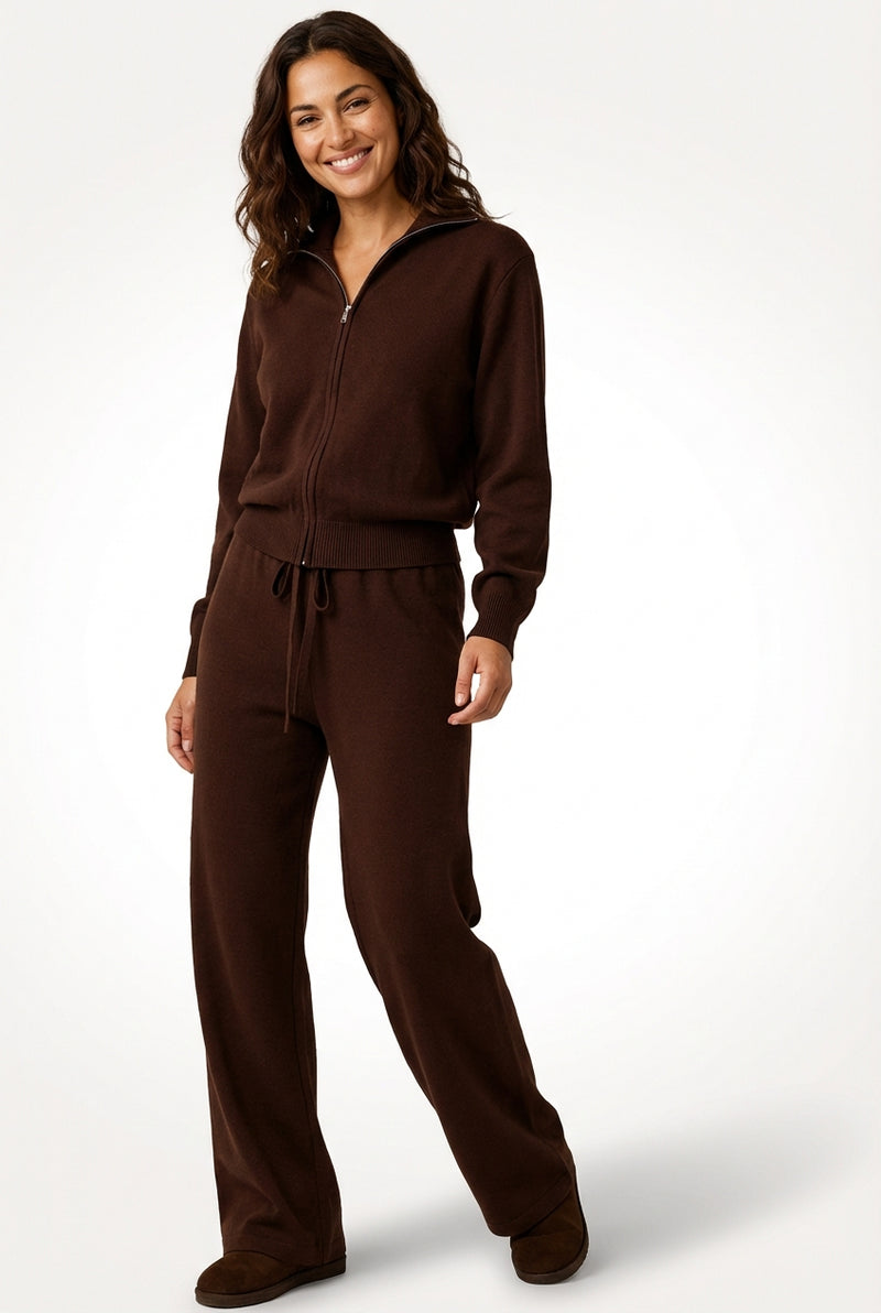 Zip Top Loungewear Set-loungewear > loungewear set-Laventaire-Dark Brown-S-Laventaire
