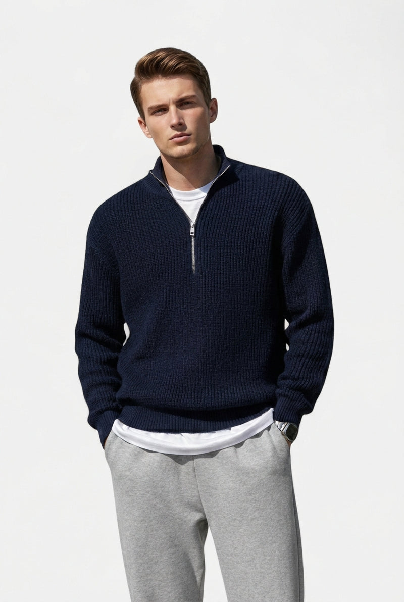 Zipper Semi Turtleneck Sweater-sweaters > turtleneck sweater-Laventaire-Navy Blue-M-Laventaire