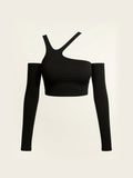 Asymmetric Black Crop Top